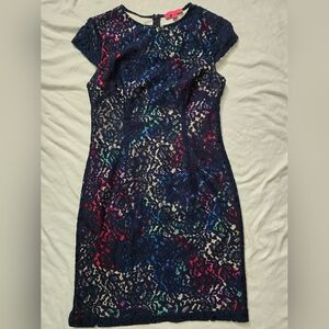 Betsey Johnson Navy Lace Overlay Colorful Floral Lined Cap Sleeved Sheath Dress